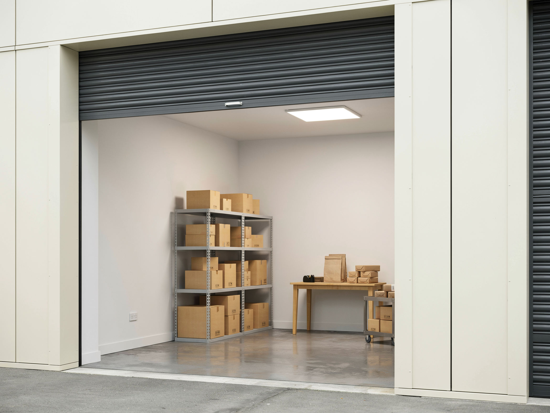 Shelved stock and a packing bench inside a unit