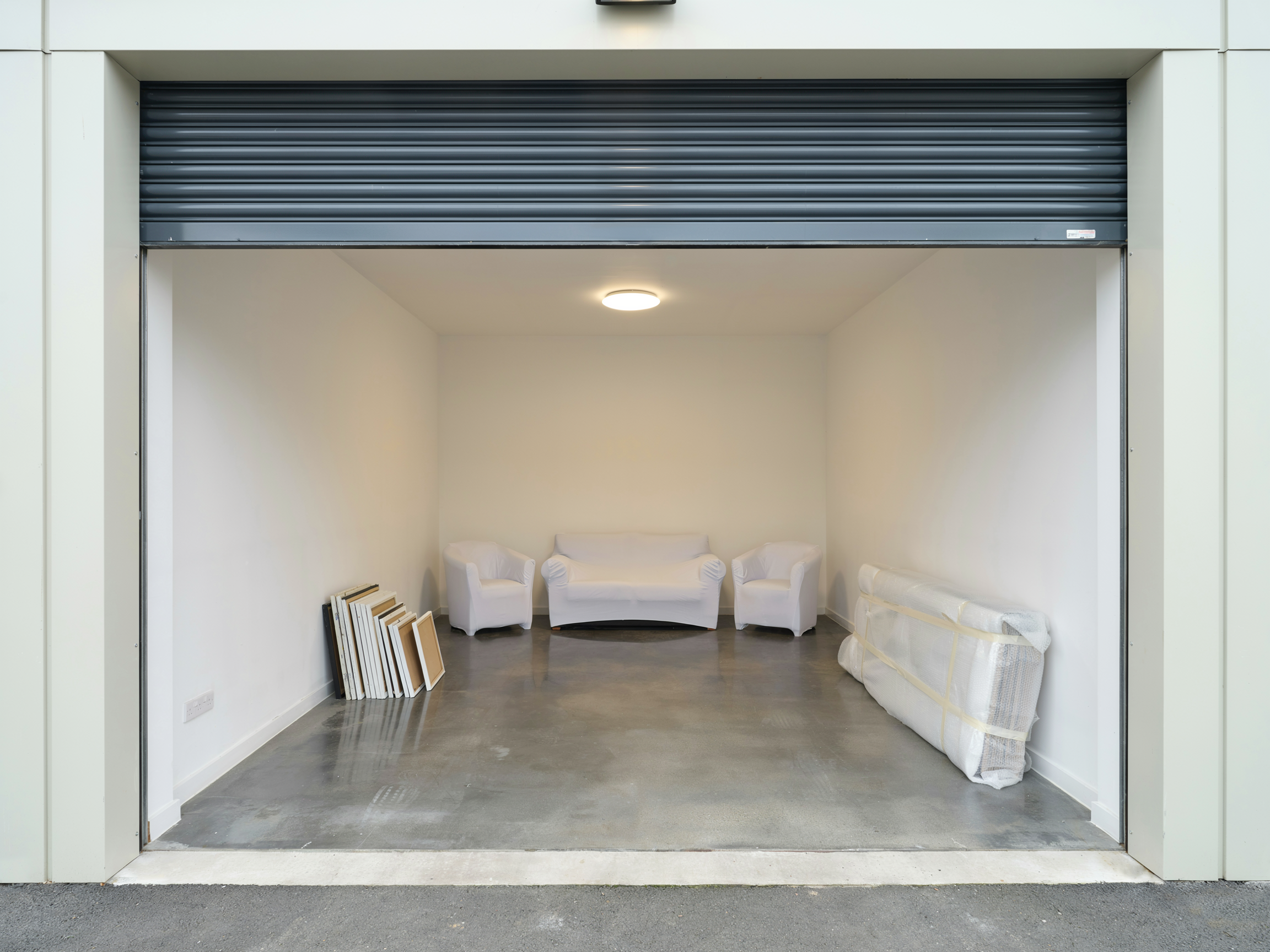 Wrapped furniture stored during a renovation